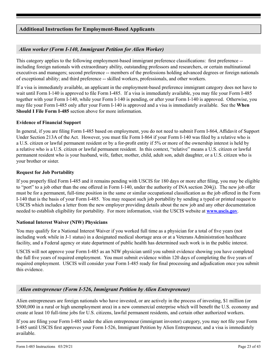 Instructions for USCIS Form I-485 Application to Register Permanent Residence or Adjust Status, Page 23