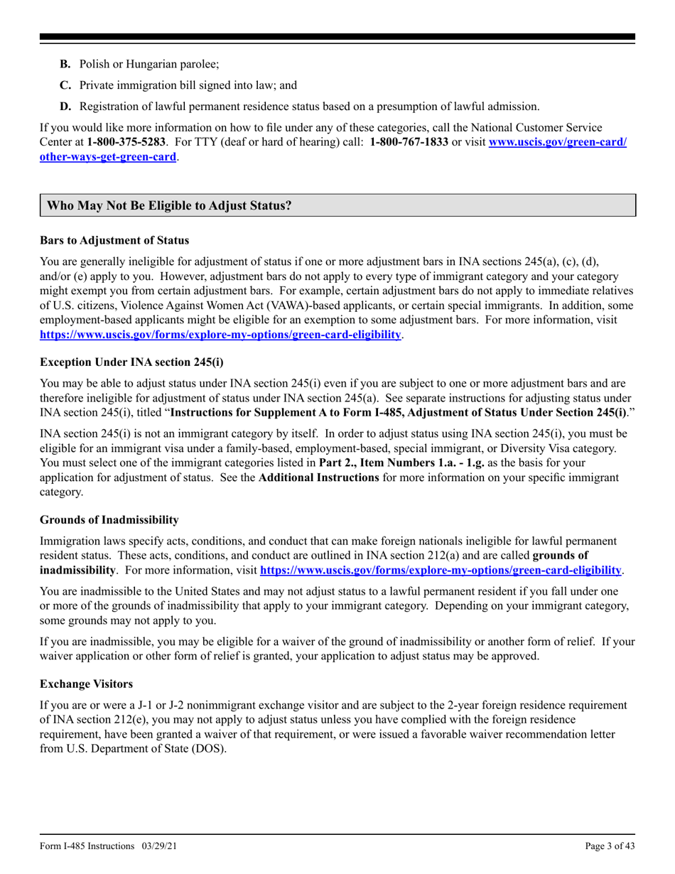 Instructions for USCIS Form I-485 Application to Register Permanent Residence or Adjust Status, Page 3