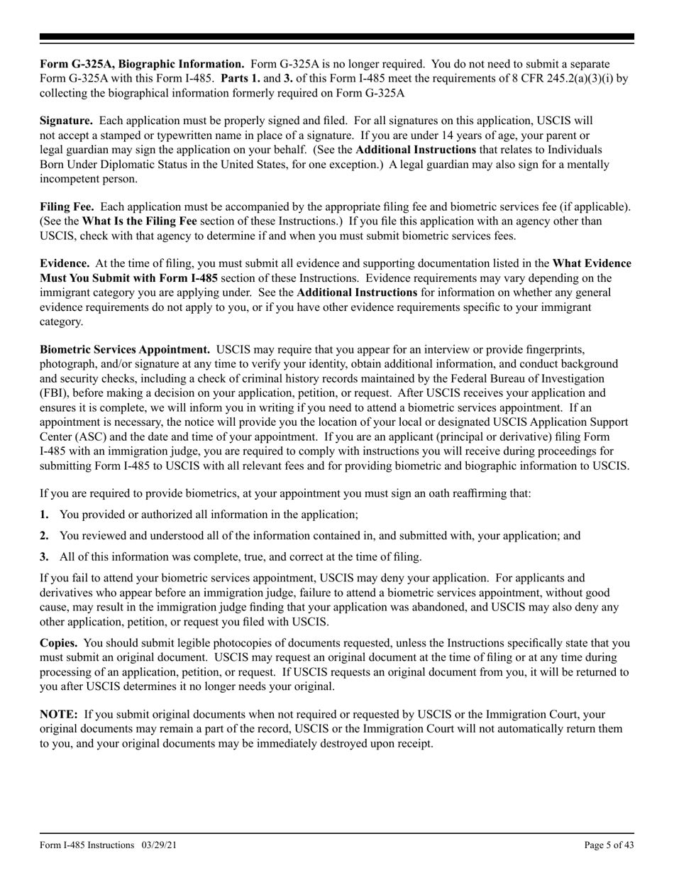 Instructions for USCIS Form I-485 Application to Register Permanent Residence or Adjust Status, Page 5