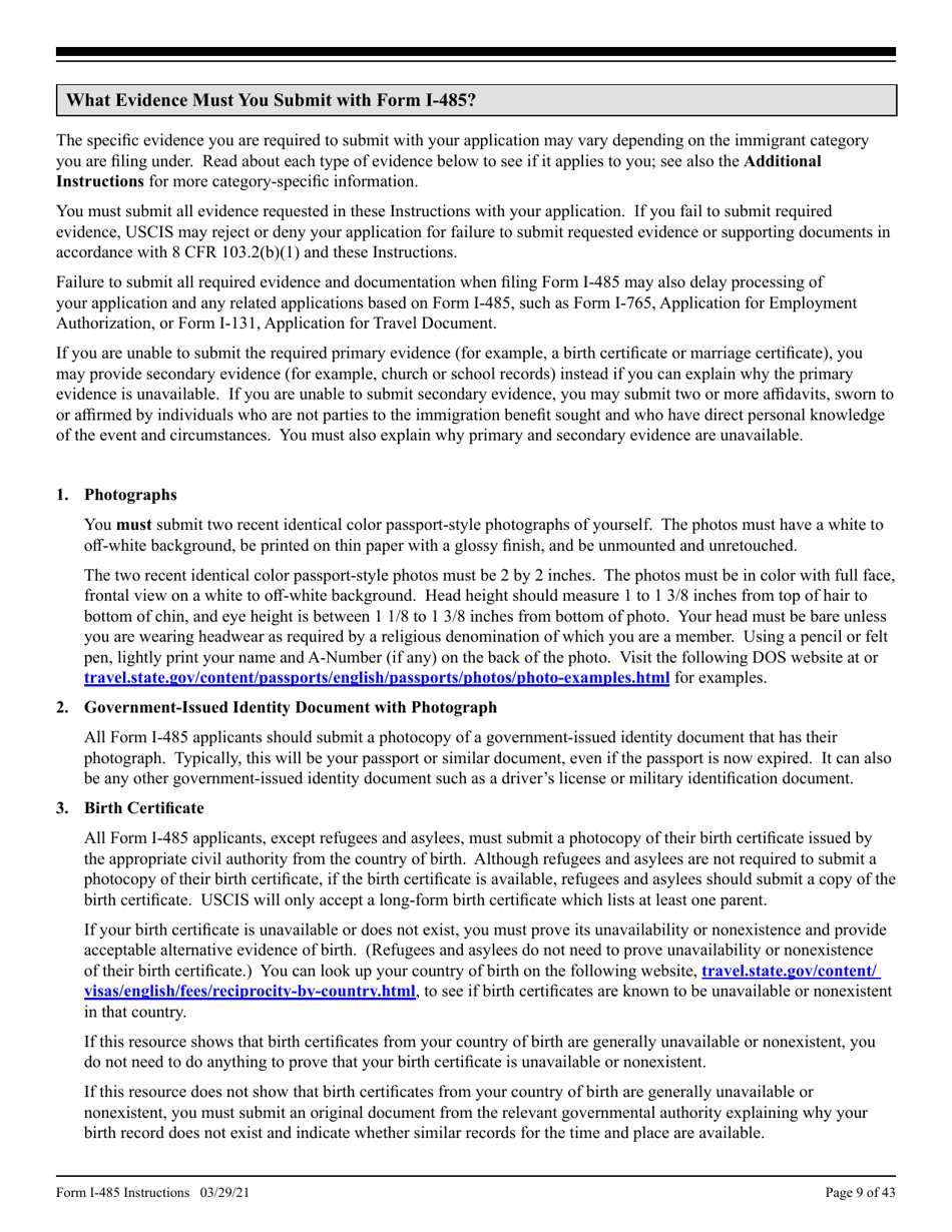Instructions for USCIS Form I-485 Application to Register Permanent Residence or Adjust Status, Page 9