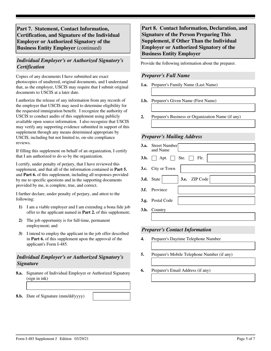 USCIS Form I-485 Supplement J Confirmation of Bona Fide Job Offer or Request for Job Portability Under Ina Section 204(J), Page 5