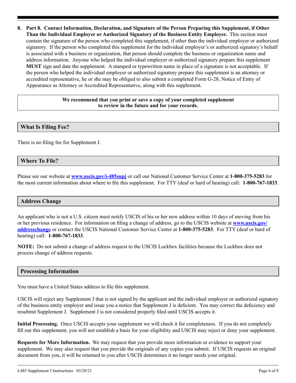 Instructions for USCIS Form I-485 Supplement J Confirmation of Bona Fide Job Offer or Request for Job Portability Under Ina Section 204(J), Page 6