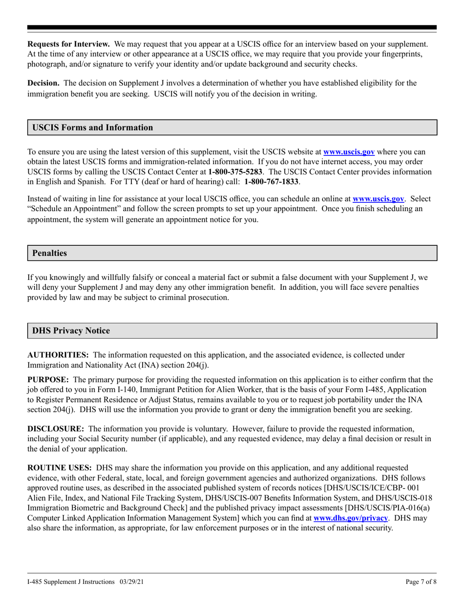 Instructions for USCIS Form I-485 Supplement J Confirmation of Bona Fide Job Offer or Request for Job Portability Under Ina Section 204(J), Page 7