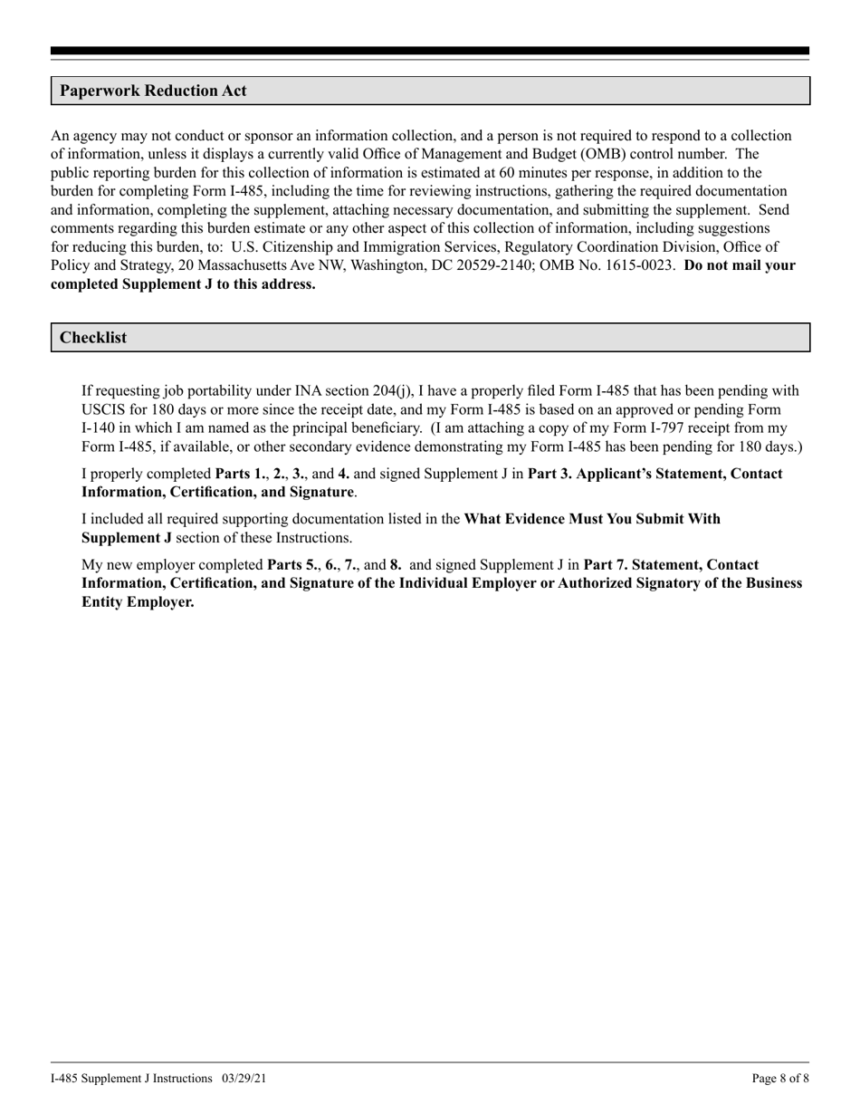Instructions for USCIS Form I-485 Supplement J Confirmation of Bona Fide Job Offer or Request for Job Portability Under Ina Section 204(J), Page 8
