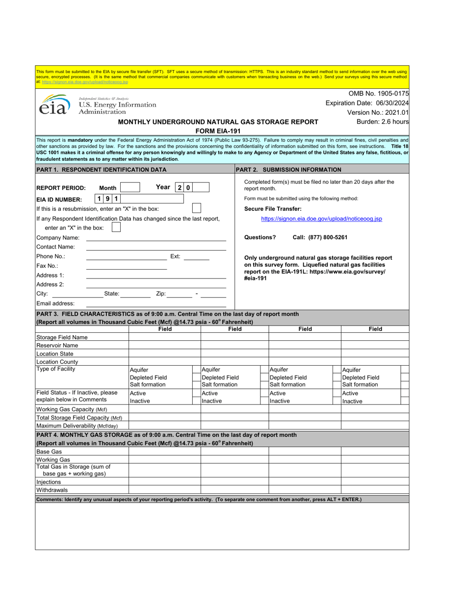 Form EIA-191 Monthly Underground Gas Storage Report, Page 1