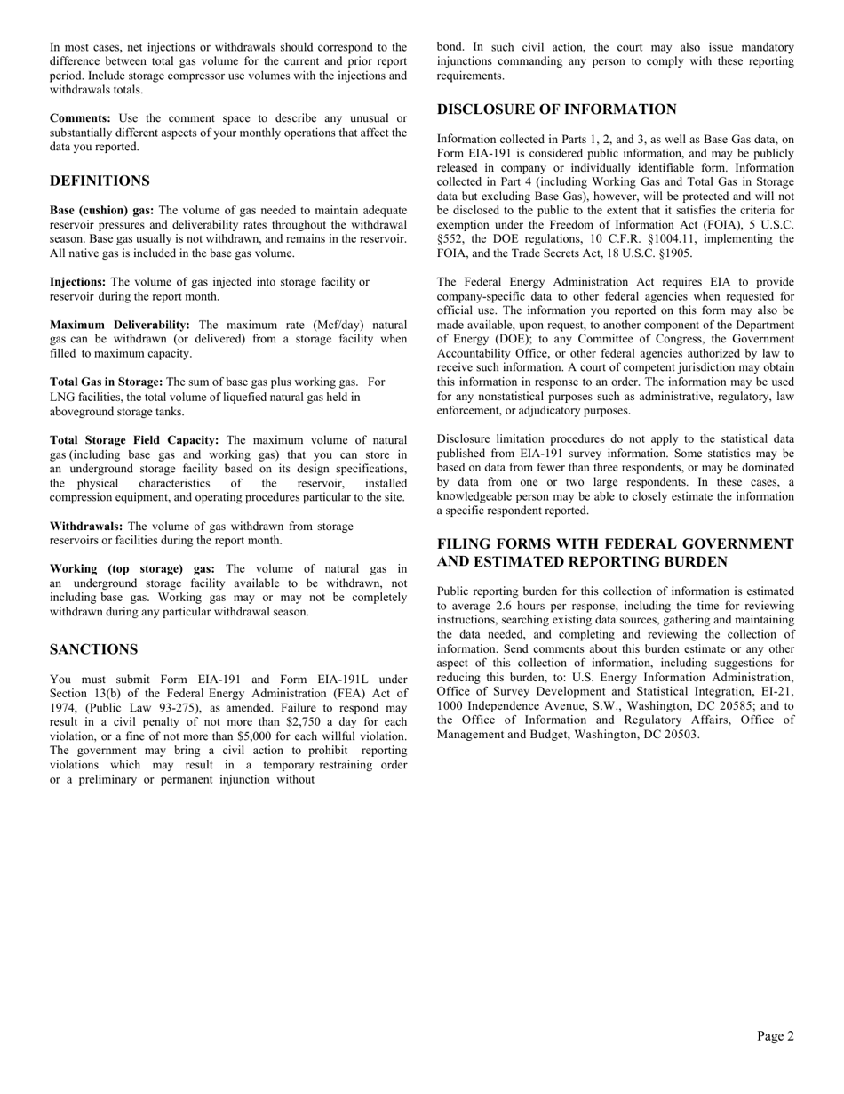 Instructions for Form EIA-191 Monthly Underground Natural Gas Storage Report, Page 2