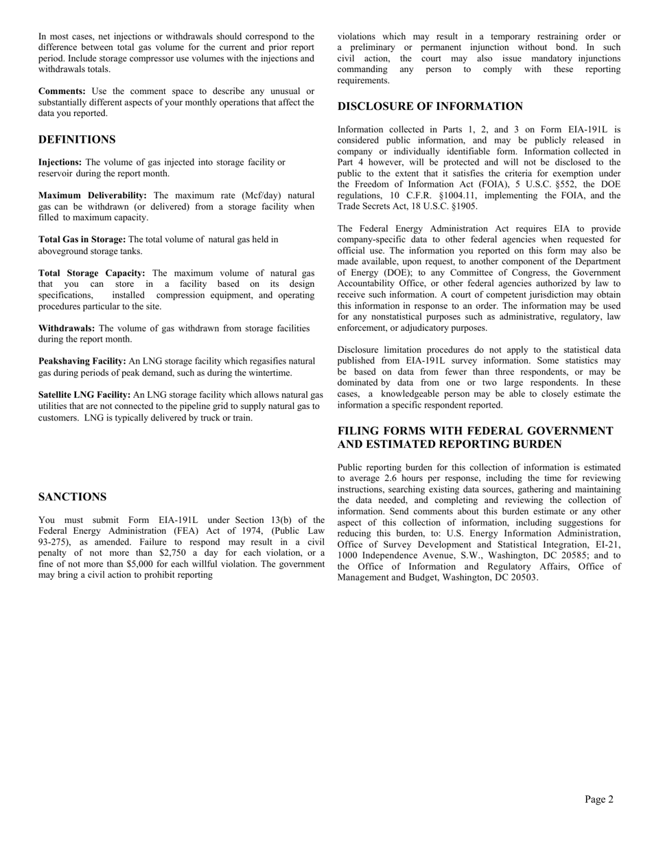 Instructions for Form EIA-191L Monthly Liquefied Natural Gas Storage Report, Page 2