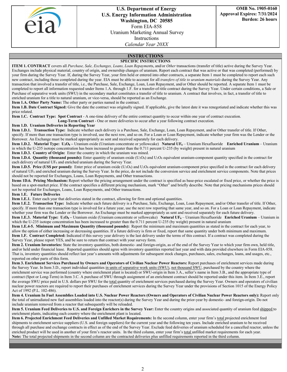 Instructions for Form EIA-858 Uranium Marketing Annual Survey, Page 2