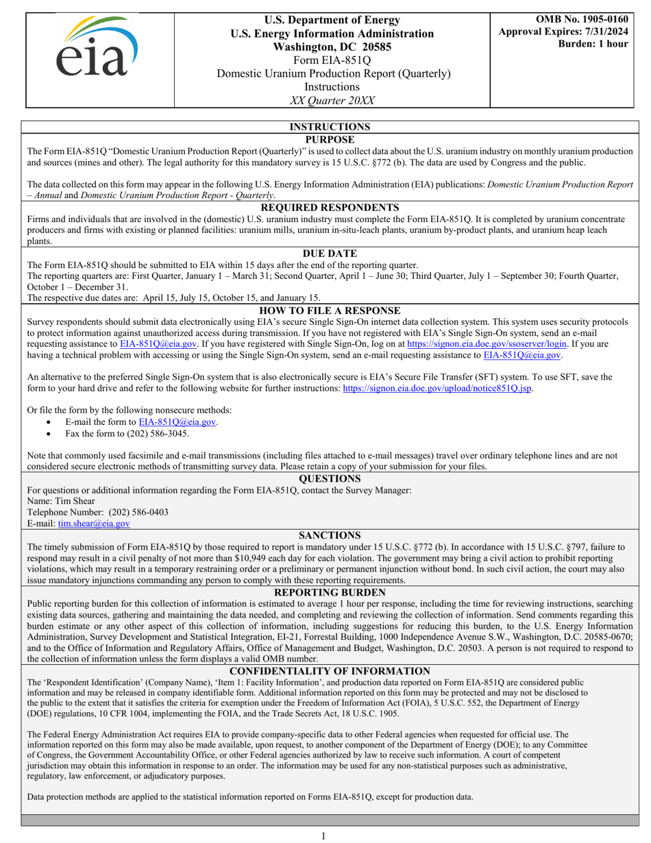 Instructions for Form EIA-851Q Domestic Uranium Production Report (Quarterly), Page 1