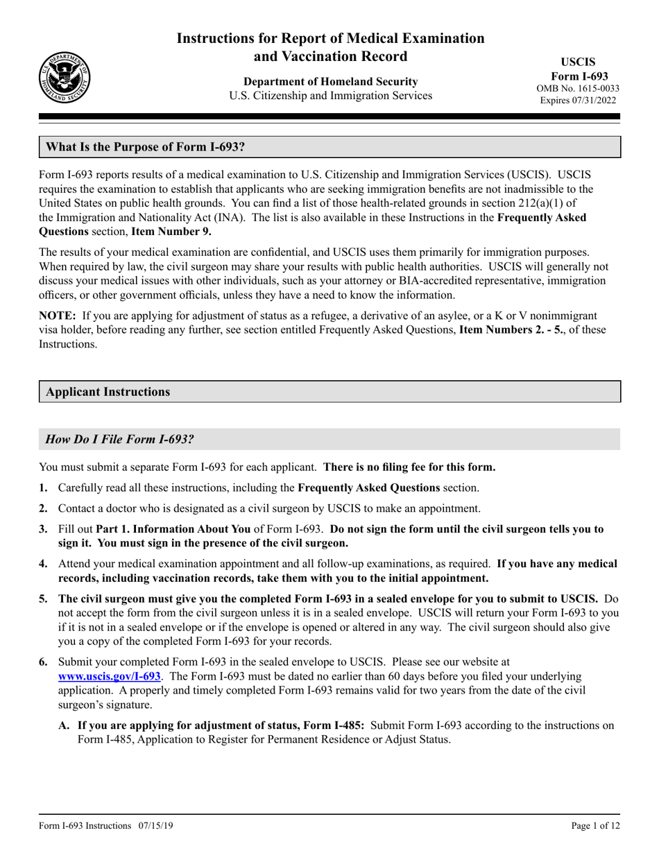 Instructions for USCIS Form I-693 Report of Medical Examination and Vaccination Record, Page 1