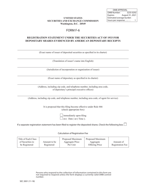 SEC Form 2001 (F-6)  Printable Pdf