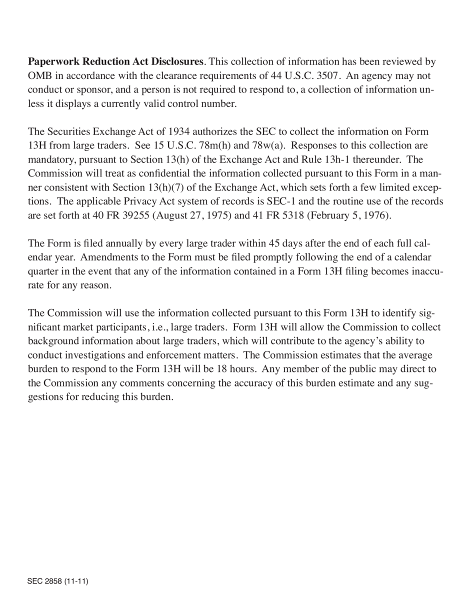 SEC Form 2858 (13H) Large Trader Registration - Information Required of Large Traders Pursuant to Section 13(H) of the Securities Exchange Act of 1934 and Rules Thereunder, Page 13