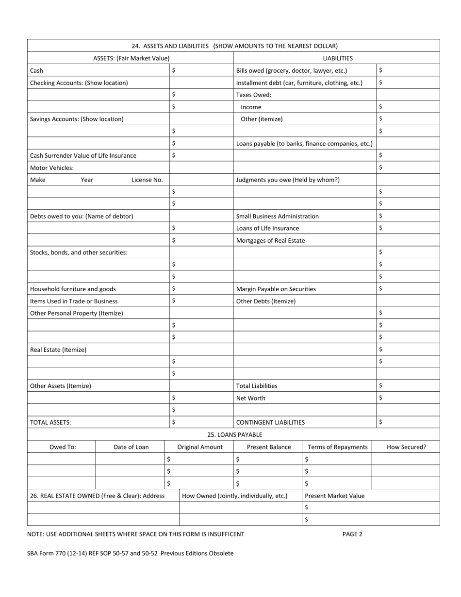 Sba Form 770 Download Fillable Pdf Or Fill Online Financial Statement 