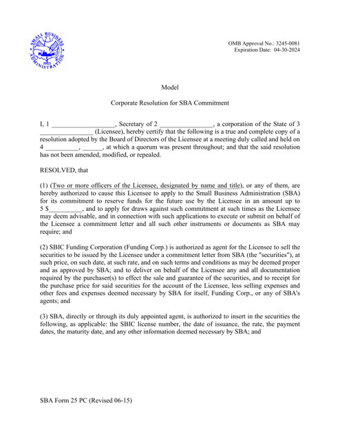 SBA Form 25 PC Model Corporate Resolution for SBA Commitment