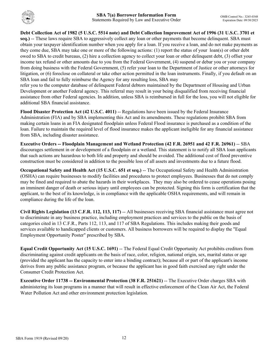 SBA Form 1919 SBA 7(A) Borrower Information Form, Page 12