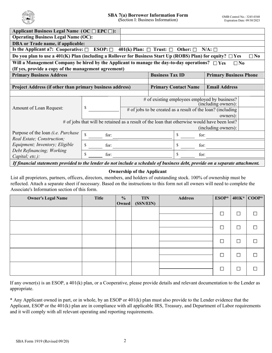 SBA Form 1919 SBA 7(A) Borrower Information Form, Page 2