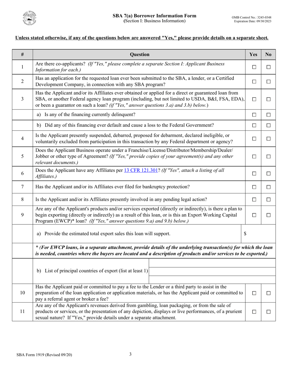 SBA Form 1919 SBA 7(A) Borrower Information Form, Page 3