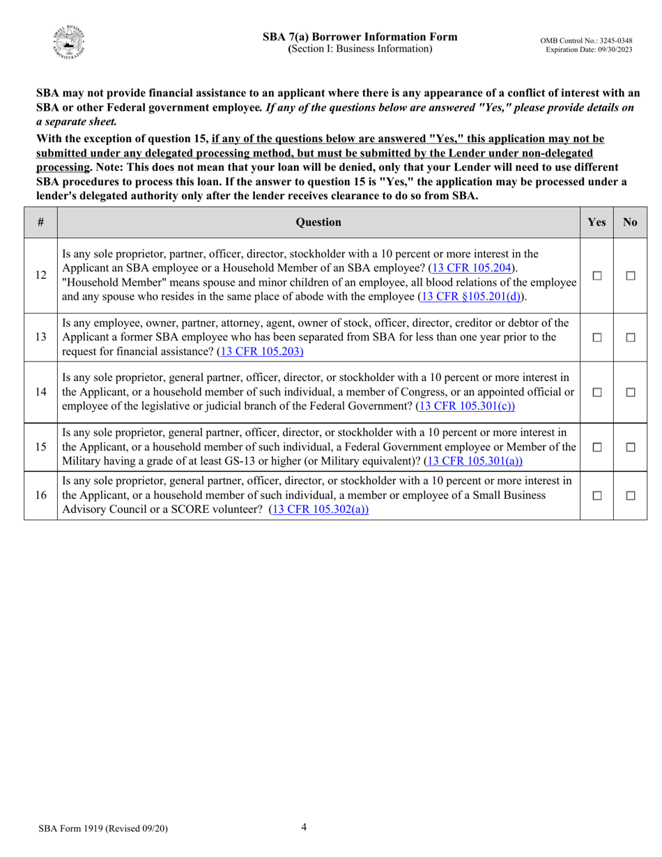 SBA Form 1919 SBA 7(A) Borrower Information Form, Page 4