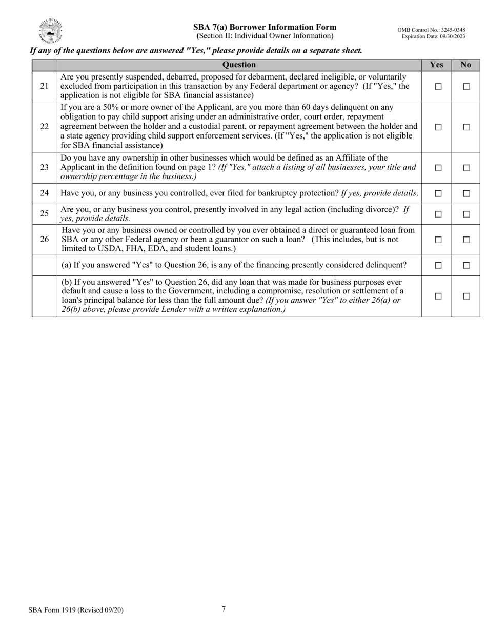 SBA Form 1919 SBA 7(A) Borrower Information Form, Page 7