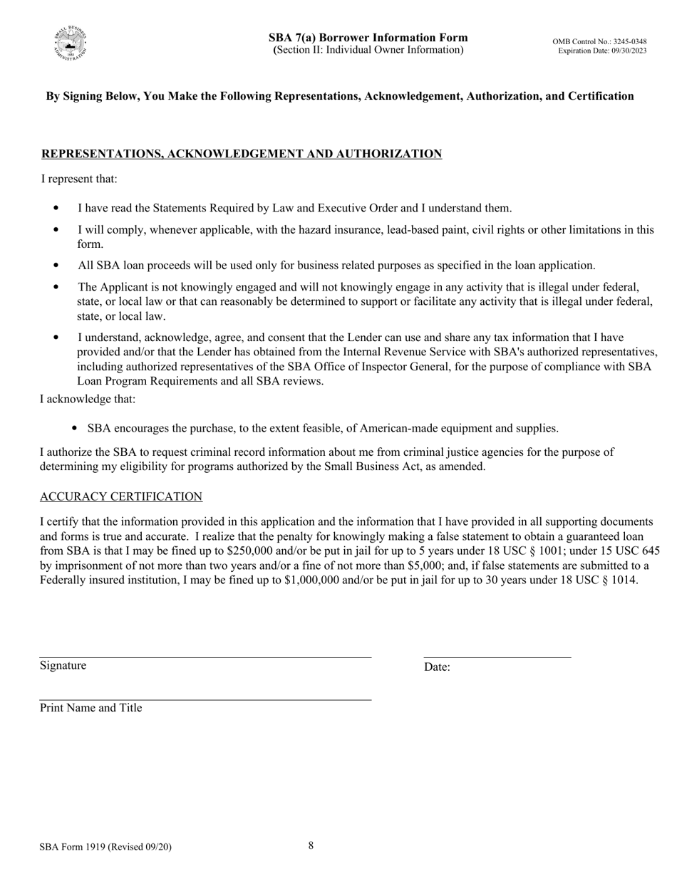 SBA Form 1919 SBA 7(A) Borrower Information Form, Page 8
