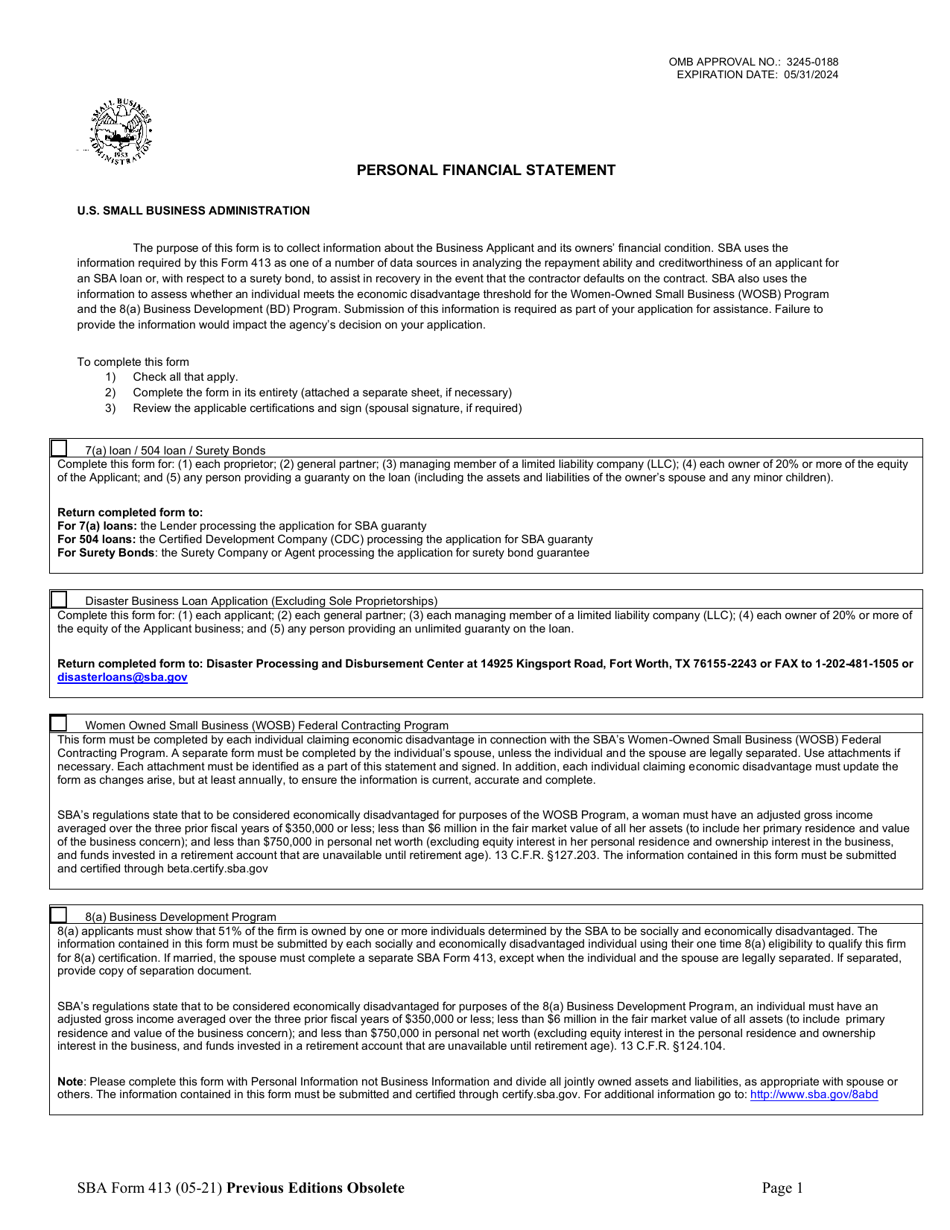 SBA Form 413 Personal Financial Statement, Page 1