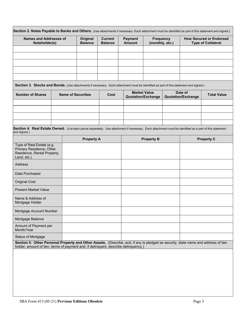 SBA Form 413 Personal Financial Statement, Page 3