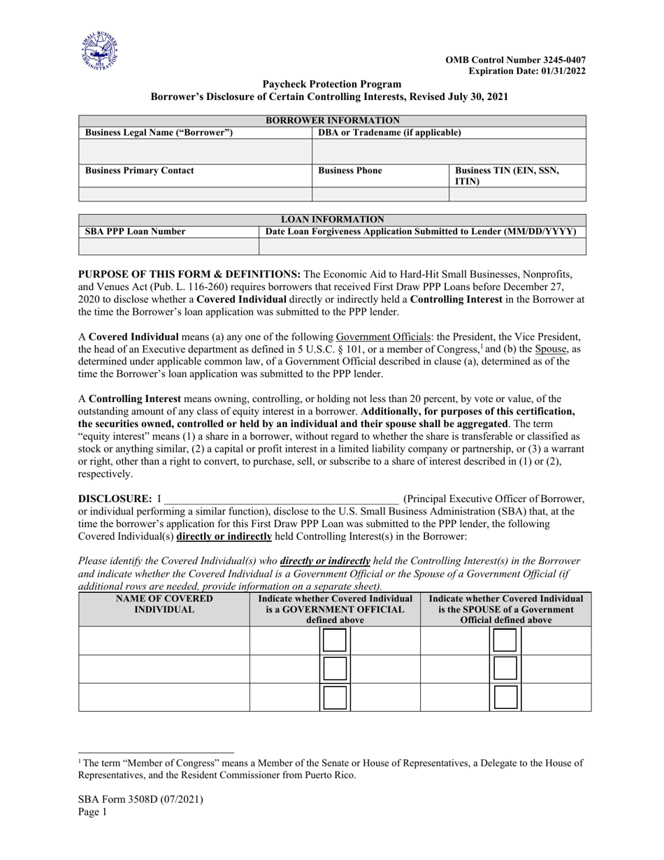 SBA Form 3508D Borrowers Disclosure of Certain Controlling Interests, Page 1
