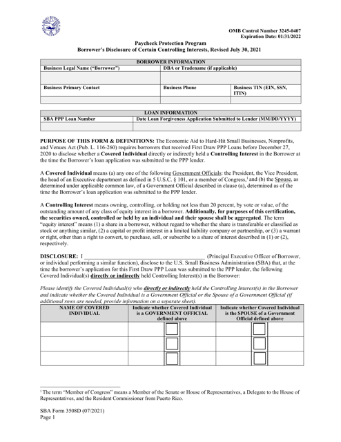SBA Form 3508D Borrower's Disclosure of Certain Controlling Interests