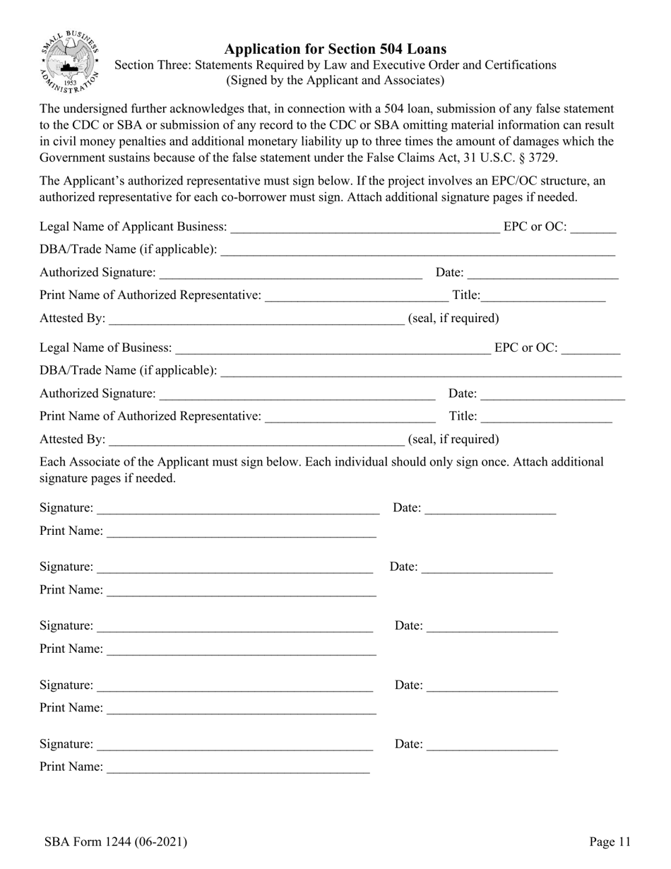 SBA Form 1244 Application for Section 504 Loans, Page 11