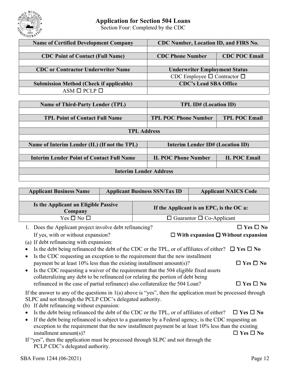 SBA Form 1244 Application for Section 504 Loans, Page 12