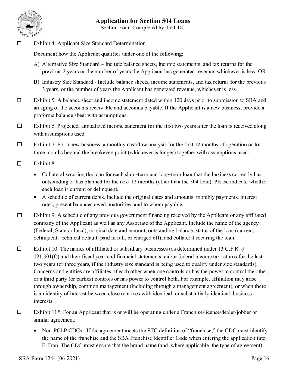 SBA Form 1244 Application for Section 504 Loans, Page 16