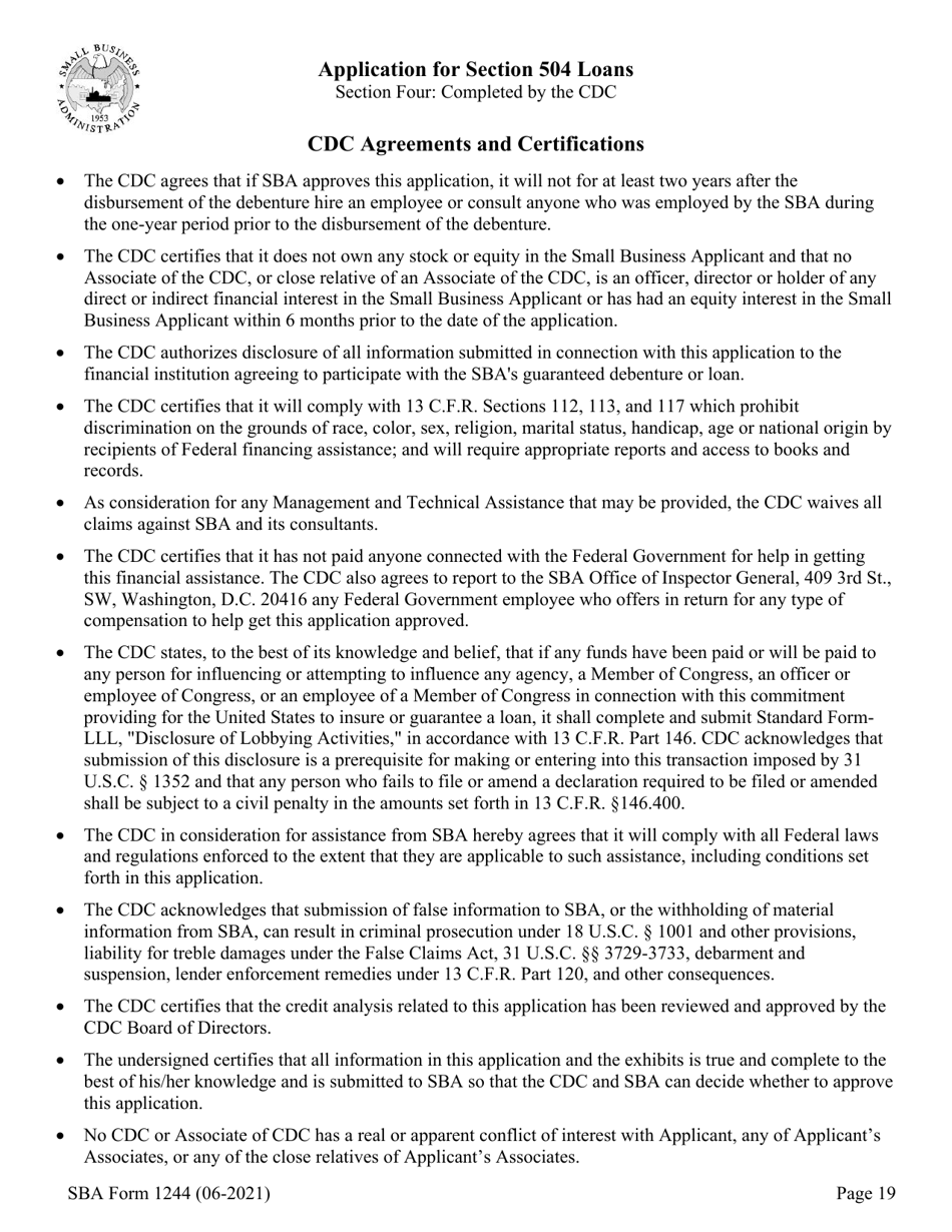 SBA Form 1244 Application for Section 504 Loans, Page 19