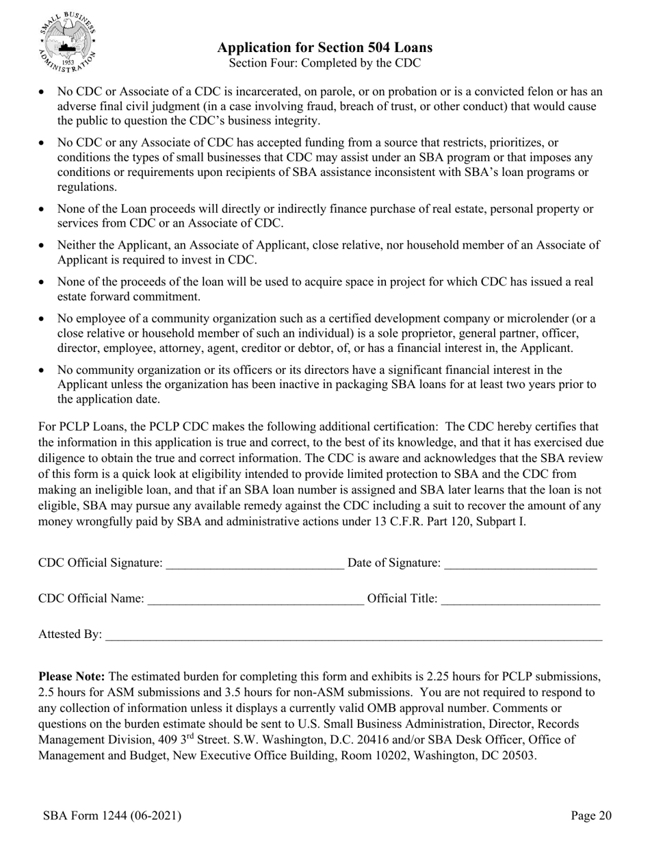 SBA Form 1244 Application for Section 504 Loans, Page 20