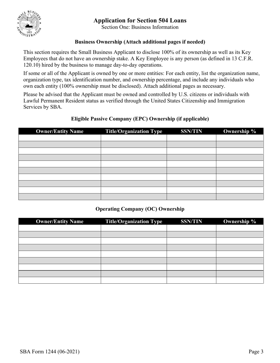 SBA Form 1244 Application for Section 504 Loans, Page 3