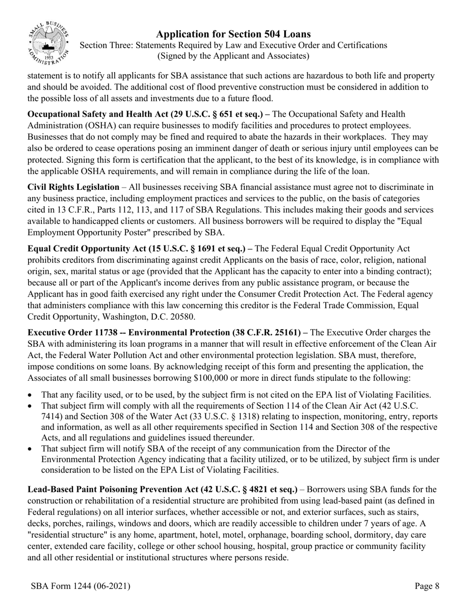 SBA Form 1244 Application for Section 504 Loans, Page 8
