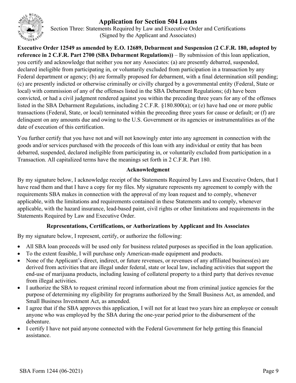 SBA Form 1244 Application for Section 504 Loans, Page 9