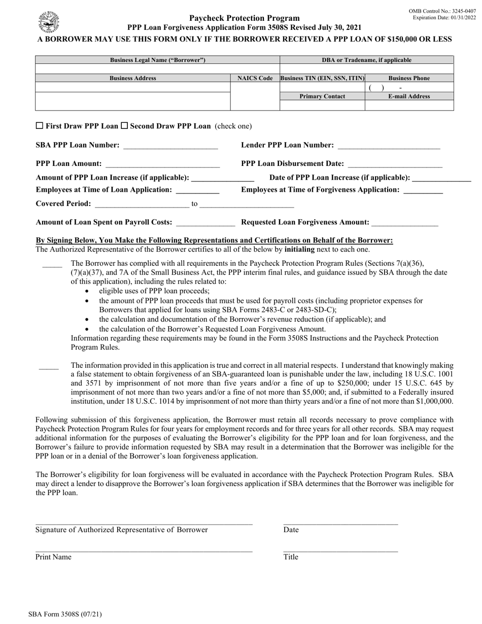 SBA Form 3508S PPP Loan Forgiveness Application Form, Page 1