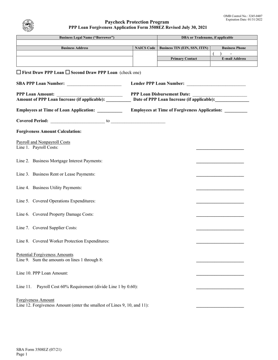 SBA Form 3508EZ PPP Ez Loan Forgiveness Application, Page 1