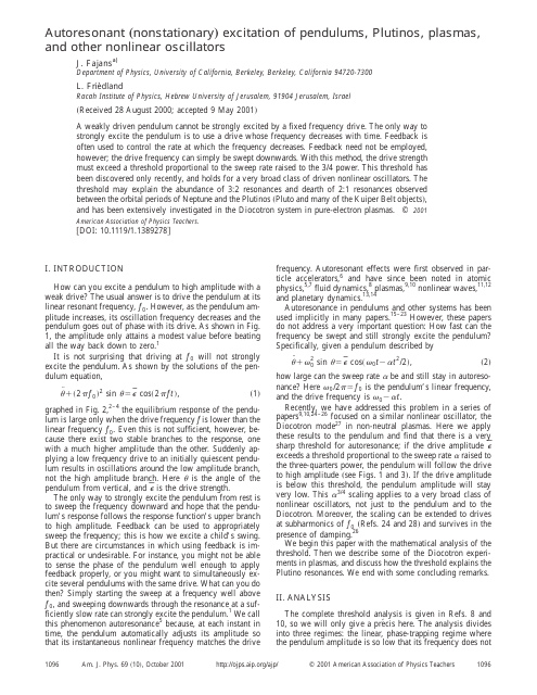 Autoresonant (Nonstationary) Excitation of Pendulums, Plutinos, Plasmas, and Other Nonlinear Oscillators - J. Fajansa, L. Friedland