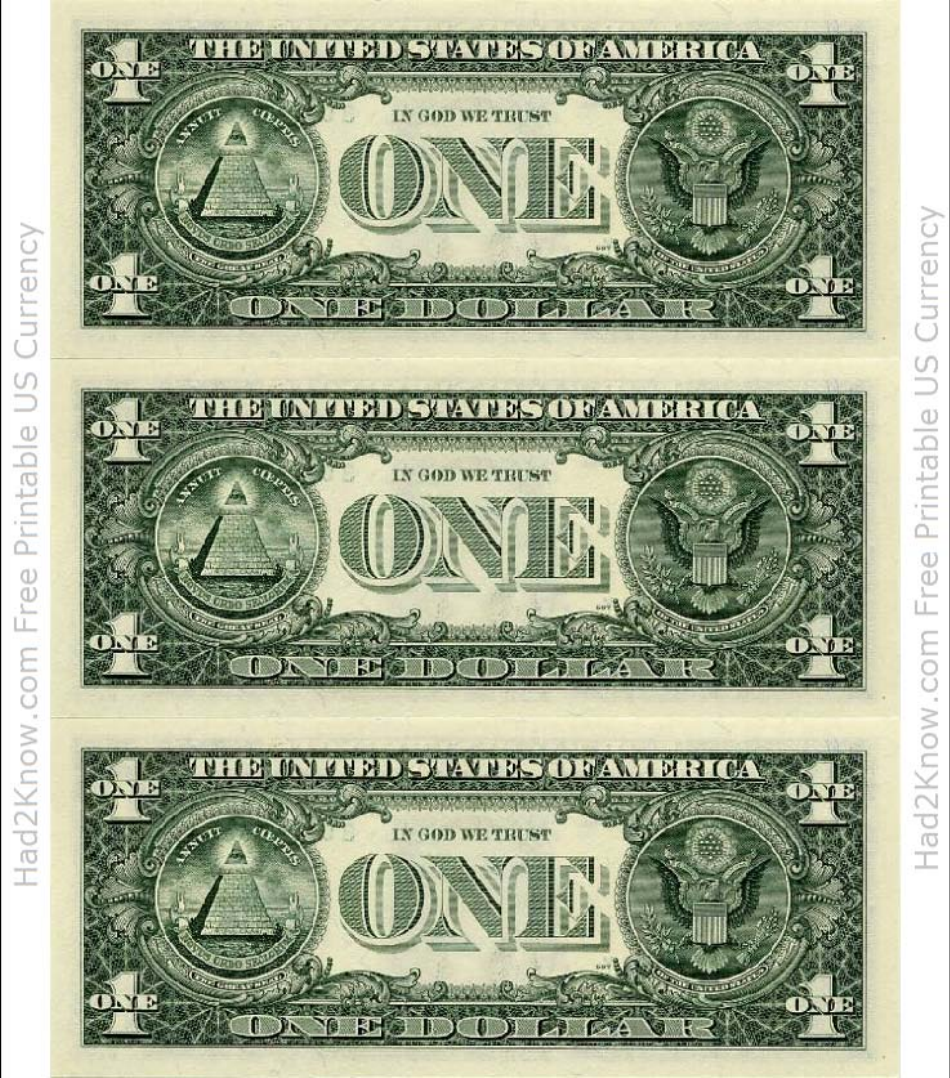 One dollar bill back image free download template - front and back view