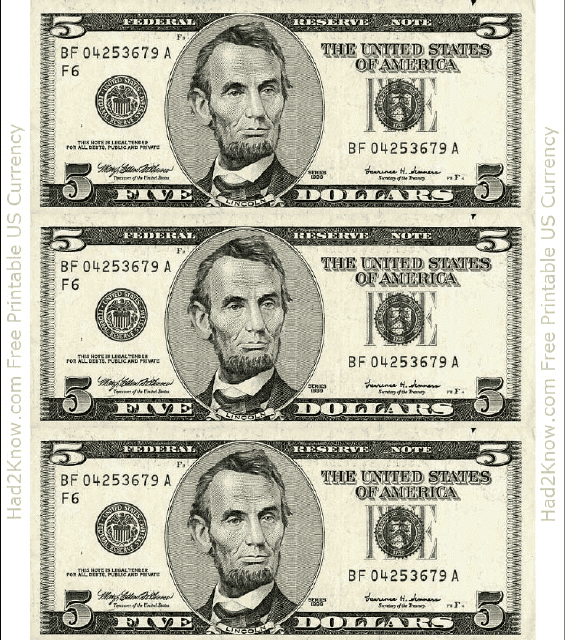Five Dollar Bill Template - Front