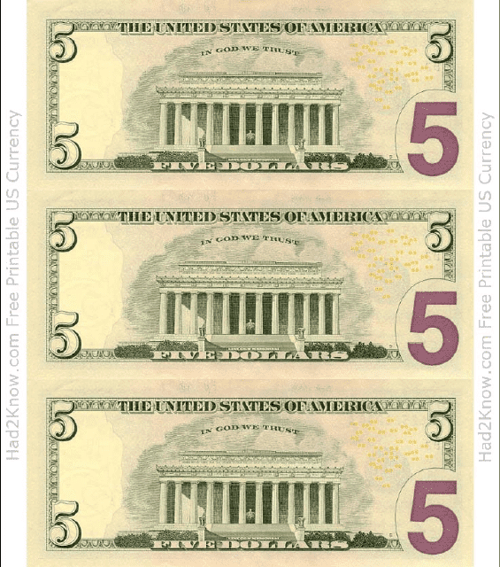 Five Dollar Bill Templates - Back