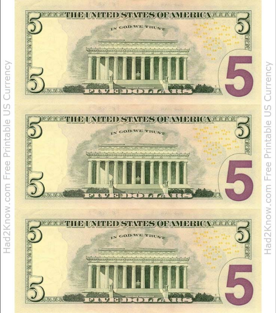Five Dollar Bill Templates - Back