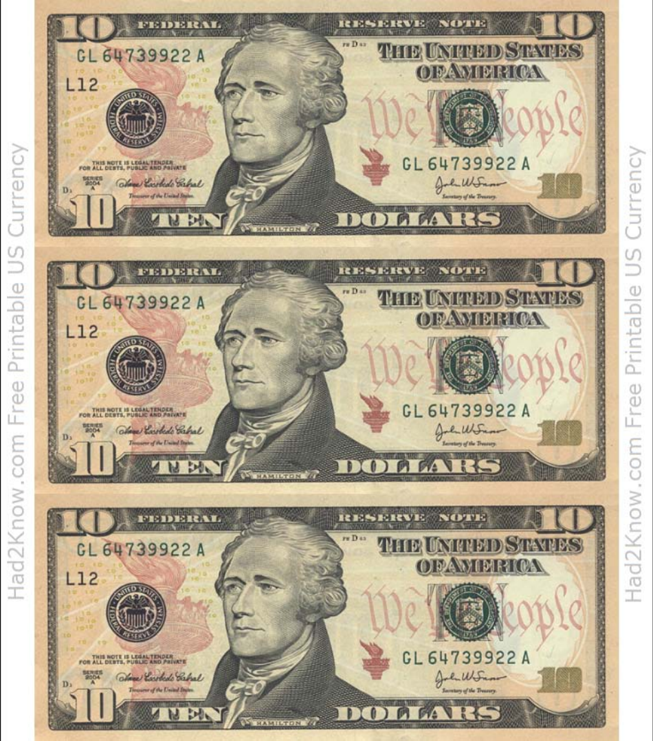 Ten Dollar Bill Template - Front image preview.