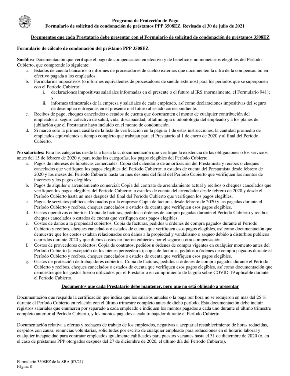 SBA Formulario 3508EZ Formulario De Solicitud De Condonacion De Prestamos Ppp (Spanish), Page 8