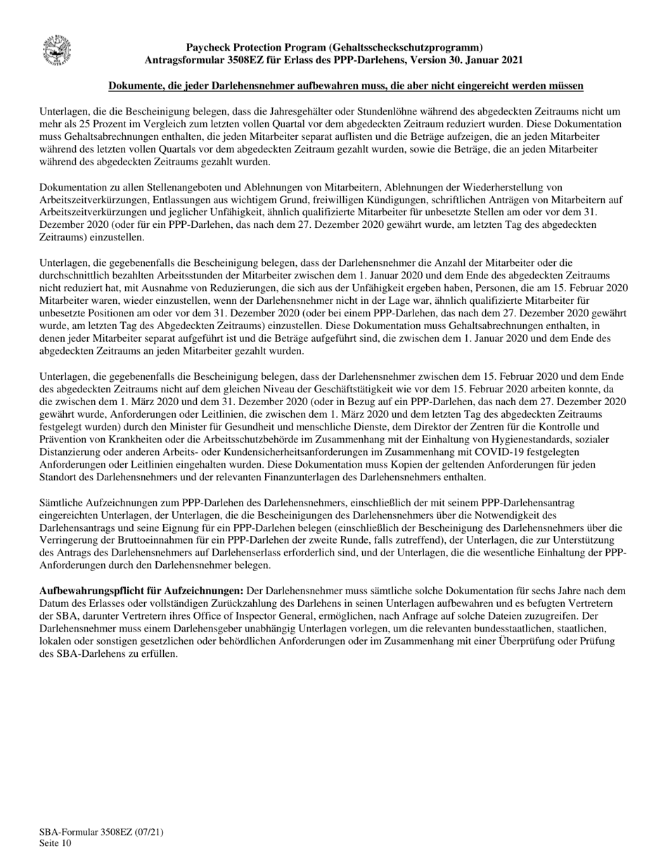 SBA Form 3508EZ PPP Ez Loan Forgiveness Application (German), Page 10