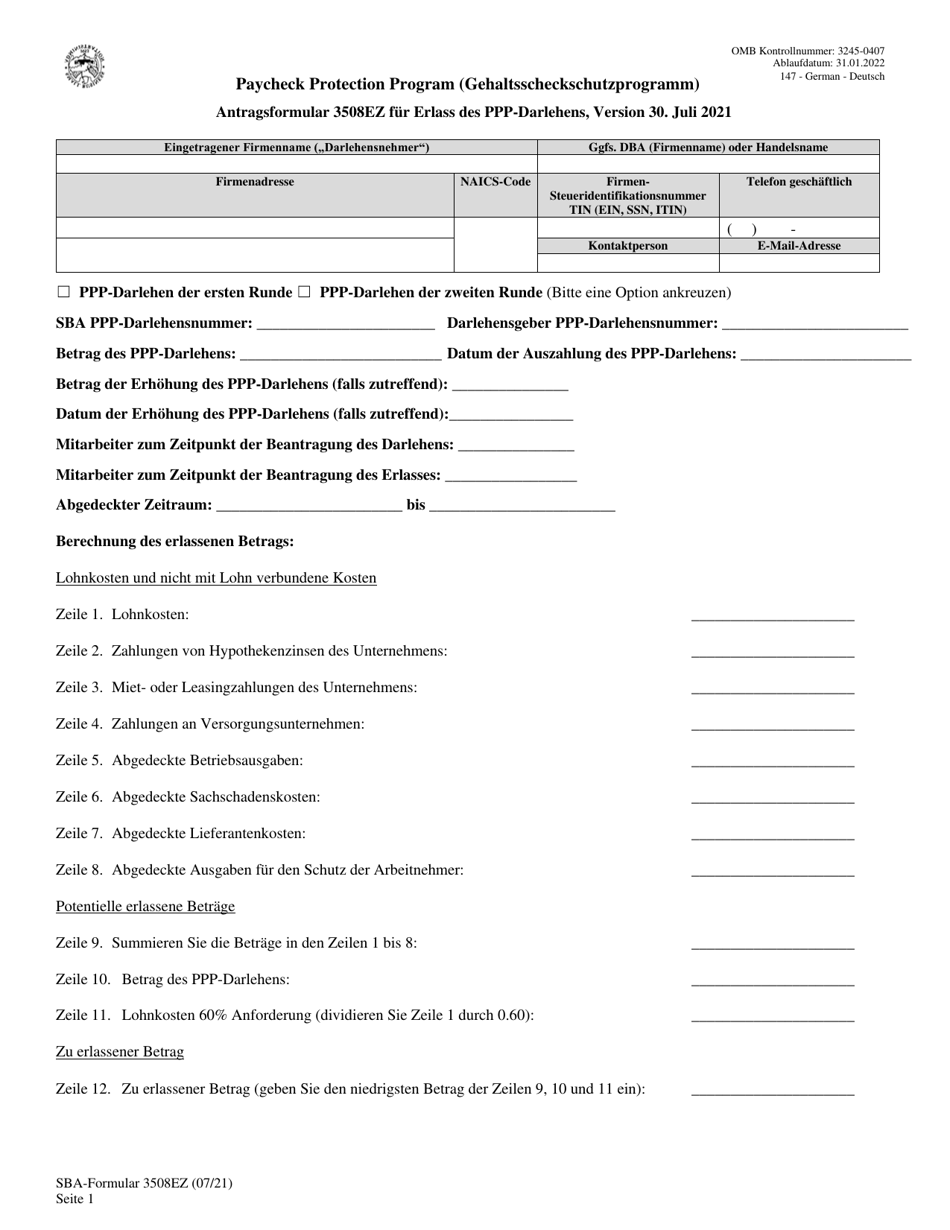 SBA Form 3508EZ PPP Ez Loan Forgiveness Application (German), Page 1