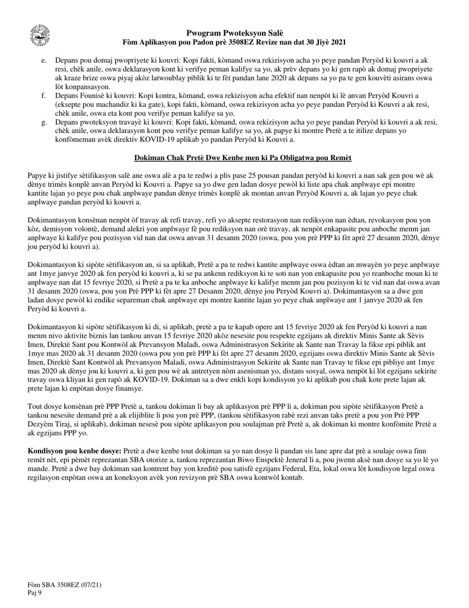 SBA Form 3508EZ PPP Ez Loan Forgiveness Application (Haitian Creole), Page 9