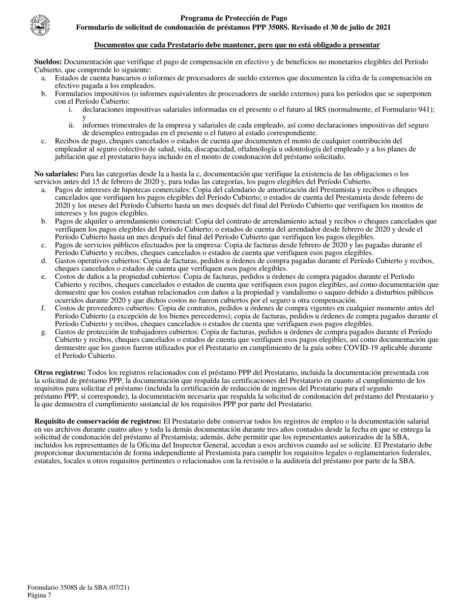 SBA Formulario 3508S Formulario De Solicitud De Condonacion De Prestamos Ppp (Spanish), Page 7