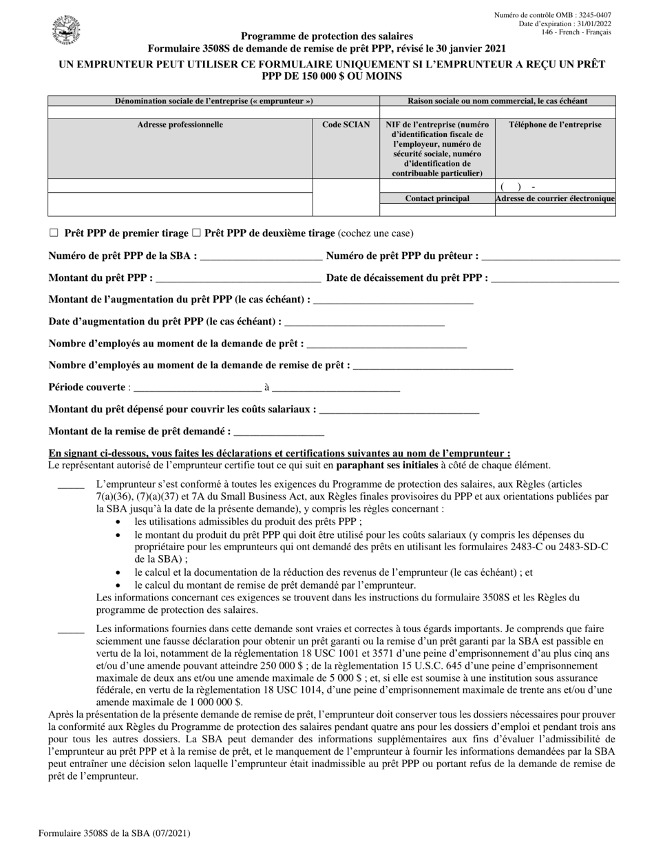 SBA Form 3508S PPP Loan Forgiveness Application Form (French), Page 1